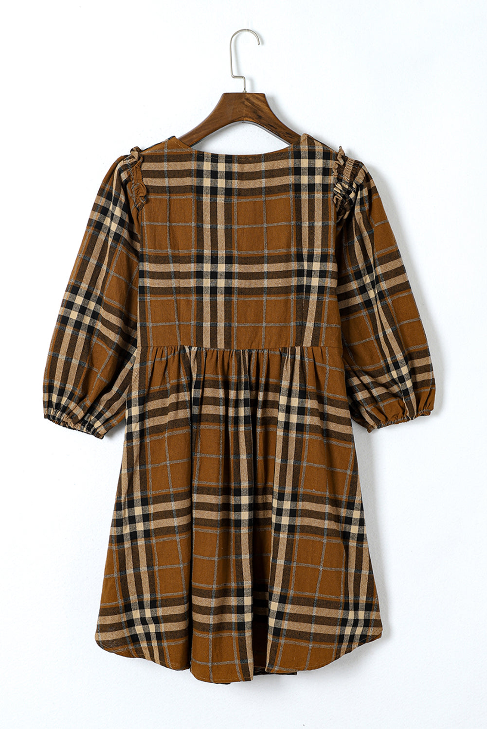 Brown Plaid Pattern Empire Waist Babydoll Dress