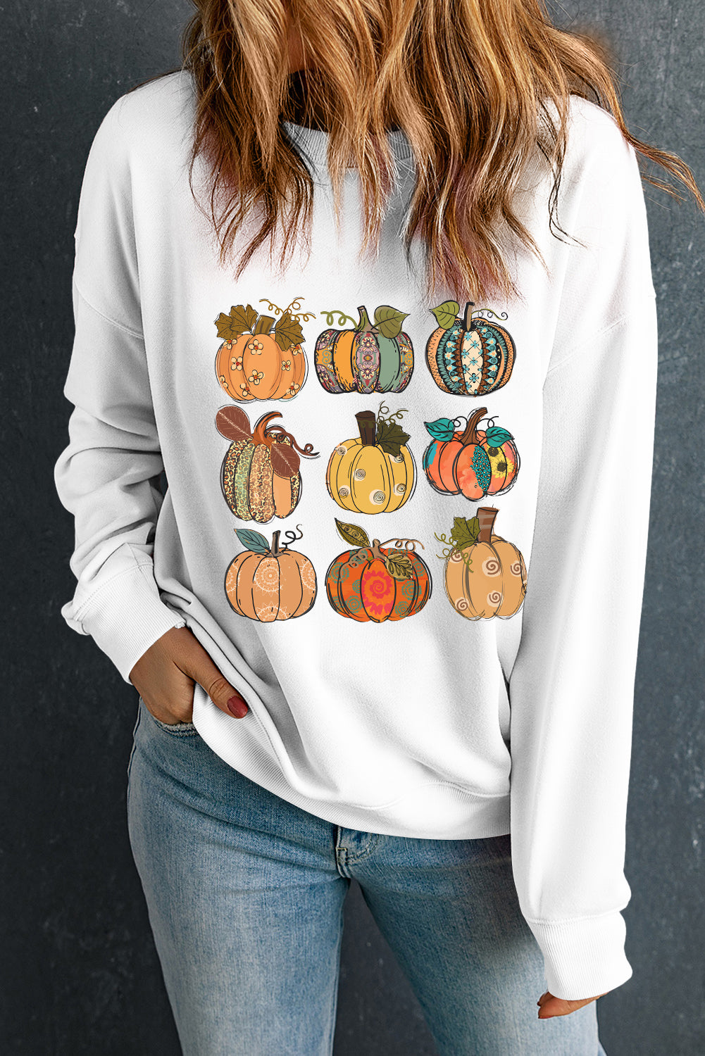 Beige Thanksgiving Pumpkin Print Drop Shoulder Sweatshirt