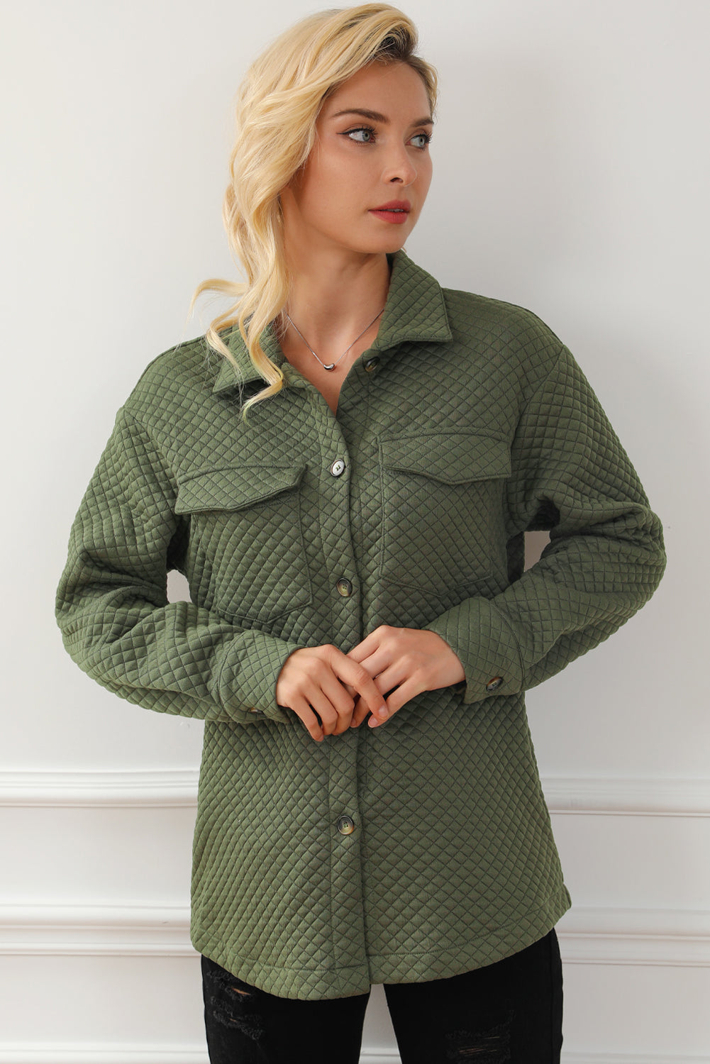 Green Retro Quilted Flap Pocket Button Shacket