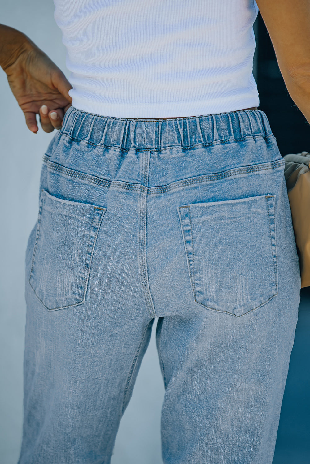 Sky Blue Gather Round Distressed Pocketed Denim Jogger