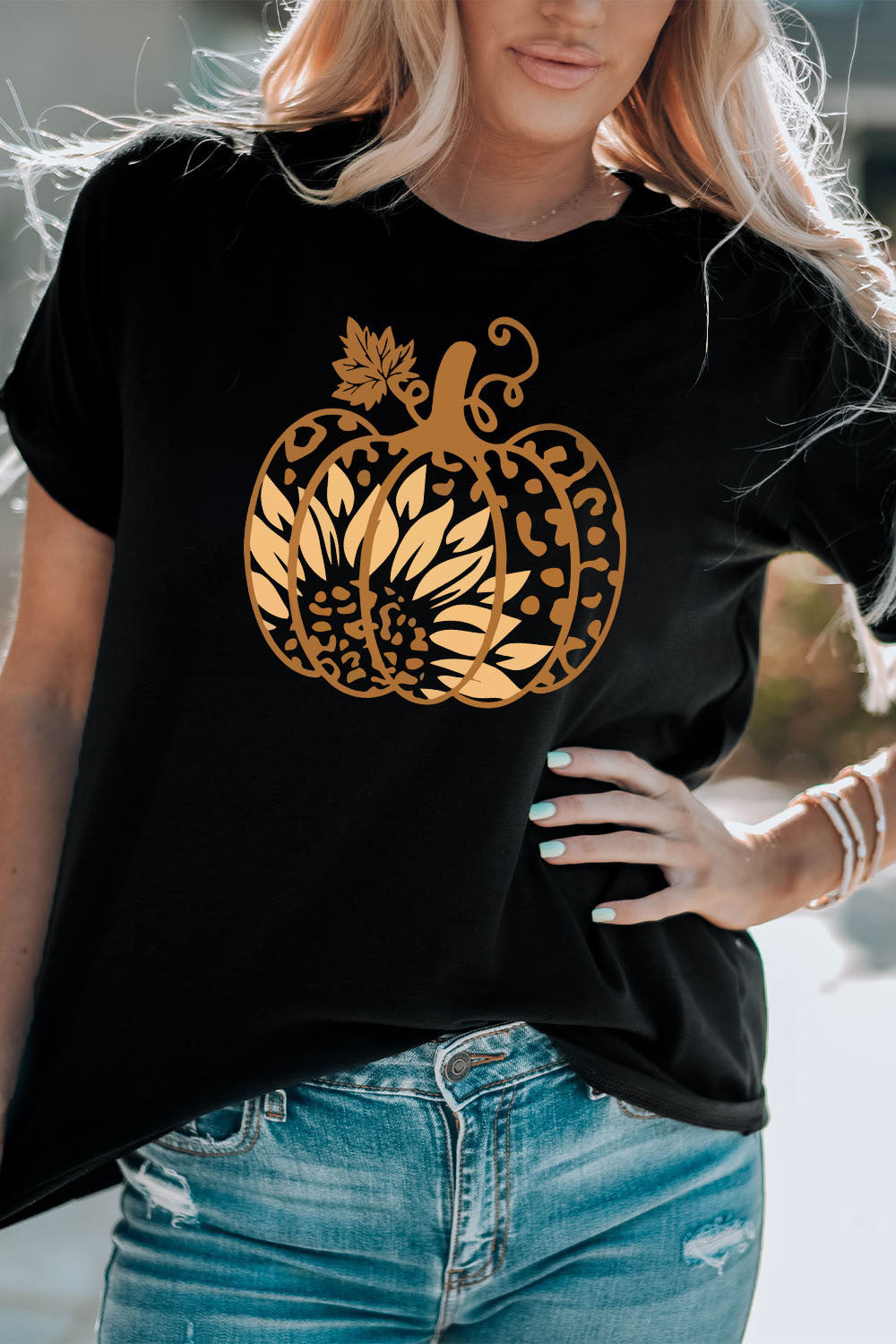 Round Neck Short Sleeve Pumpkin Graphic T-Shirt