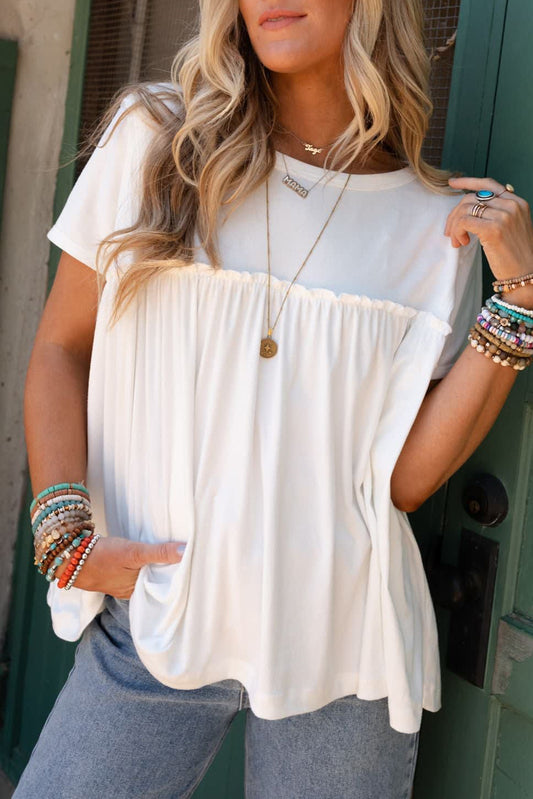 White Ruffled Trim Loose Babydoll Tee