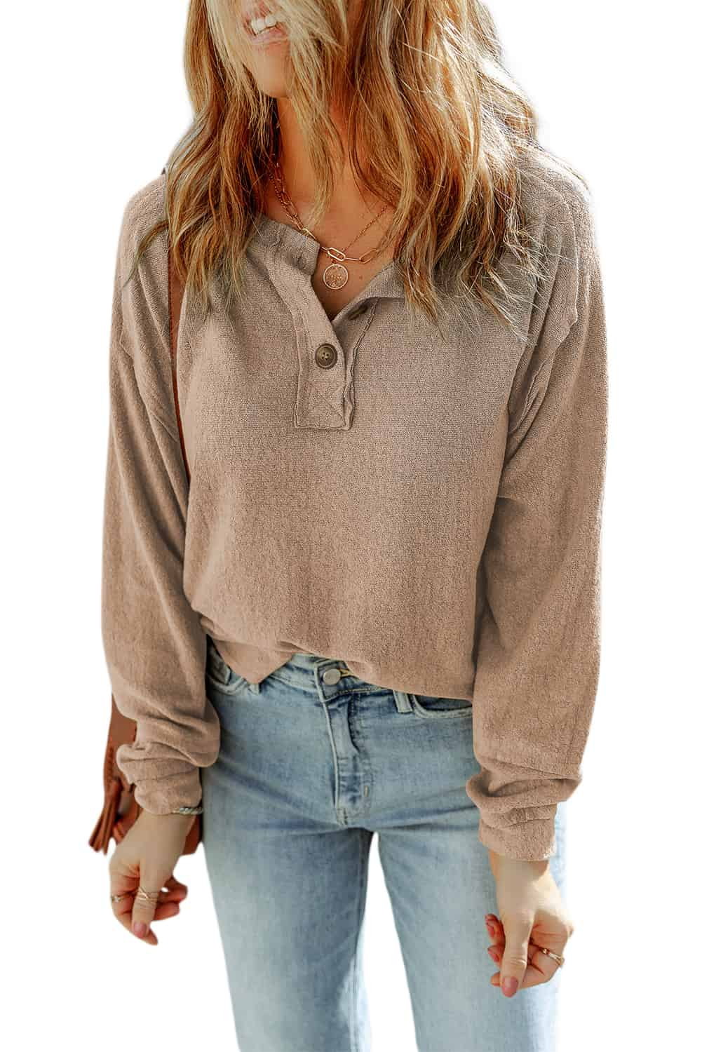 Apricot Button Split Neck Retro Patchwork Long Sleeve Top