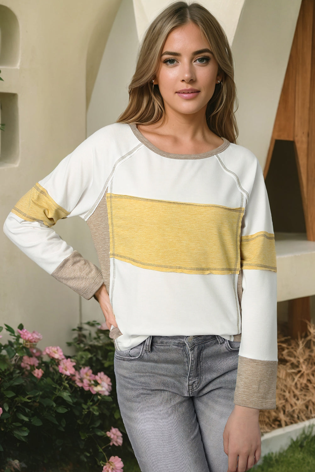 White Color Block Exposed Seam Raglan Sleeve Top