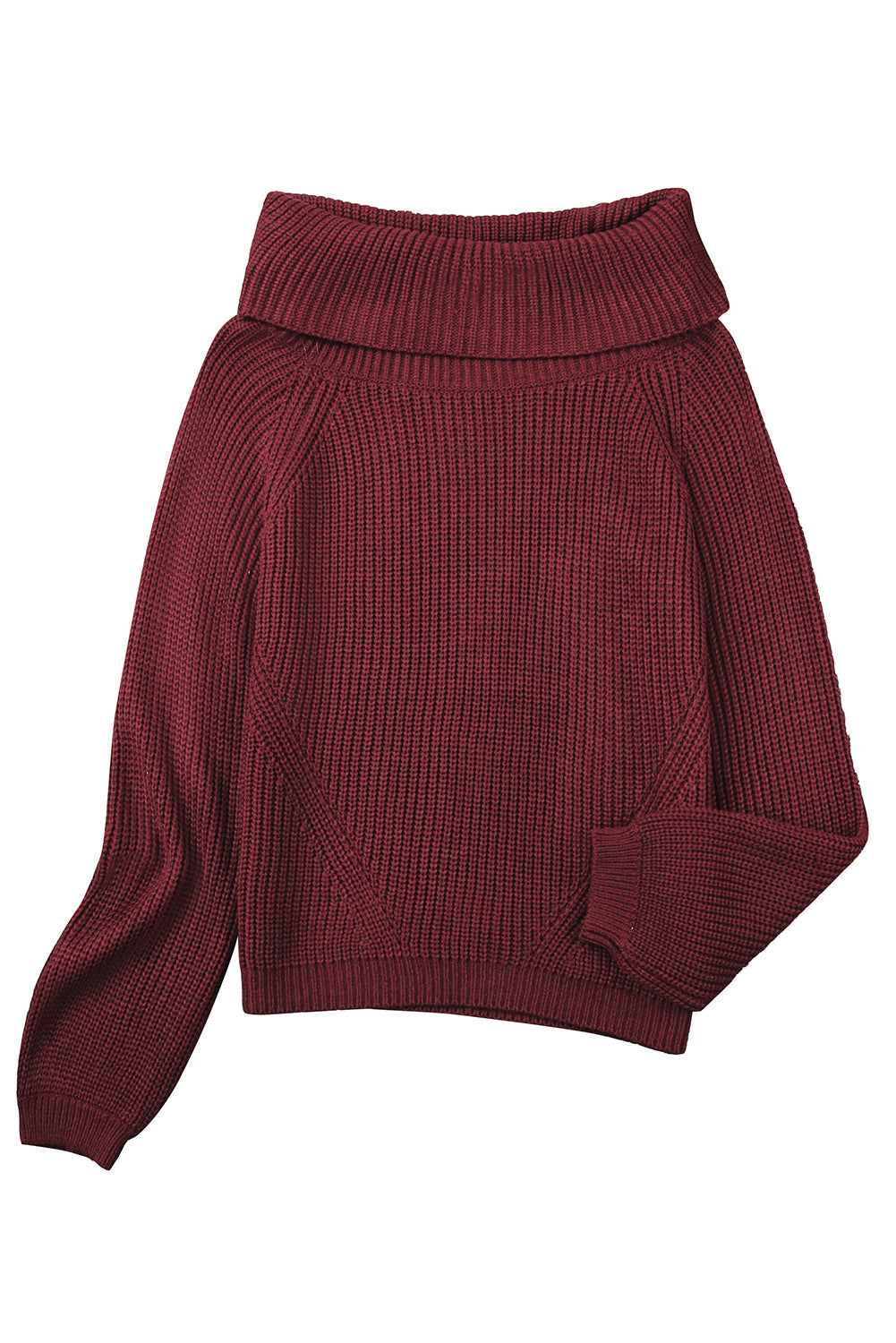 Fiery Red Ribbed Knit Foldover Off Shoulder Sweater