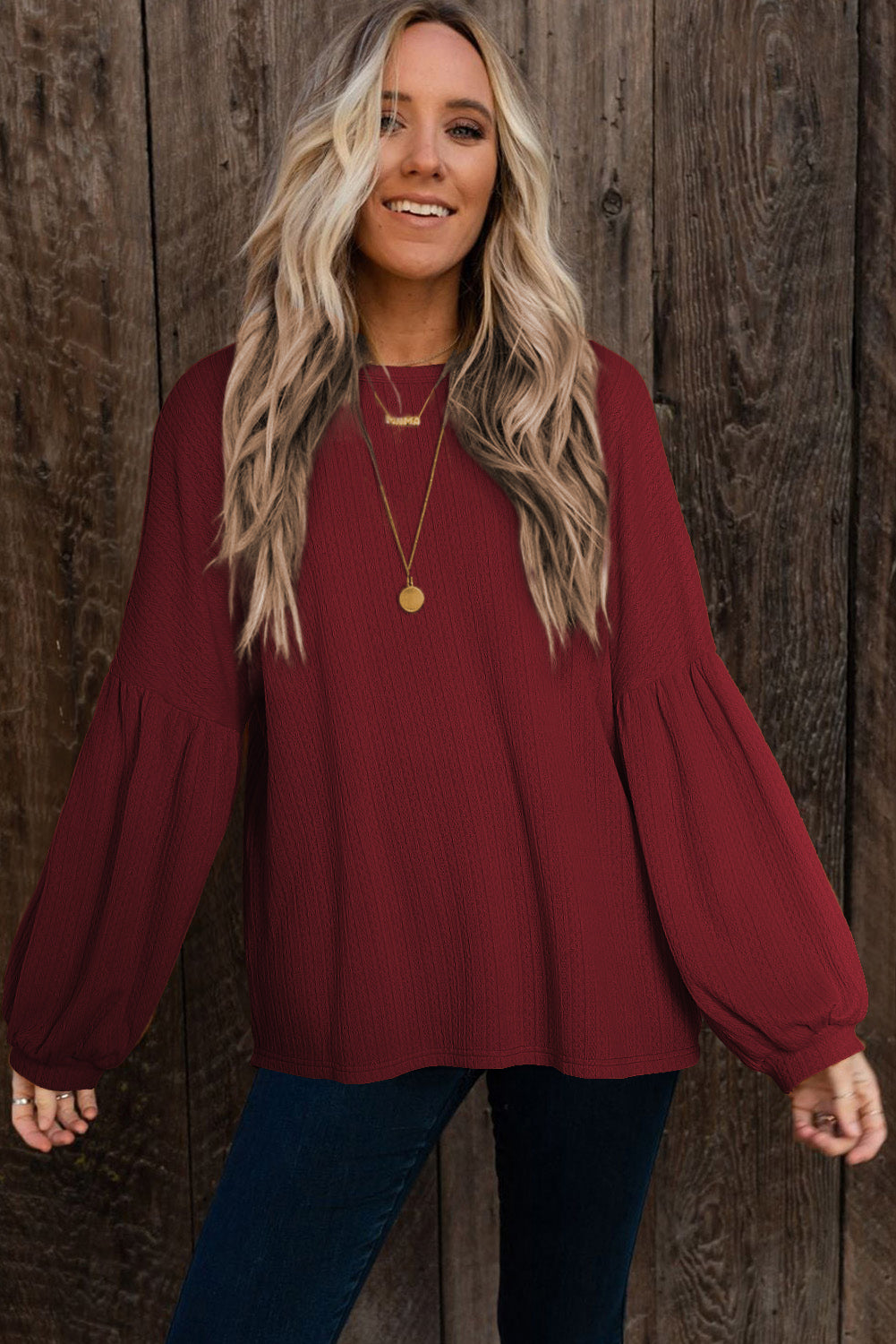 Faux Knit Jacquard Puffy Long Sleeve Top