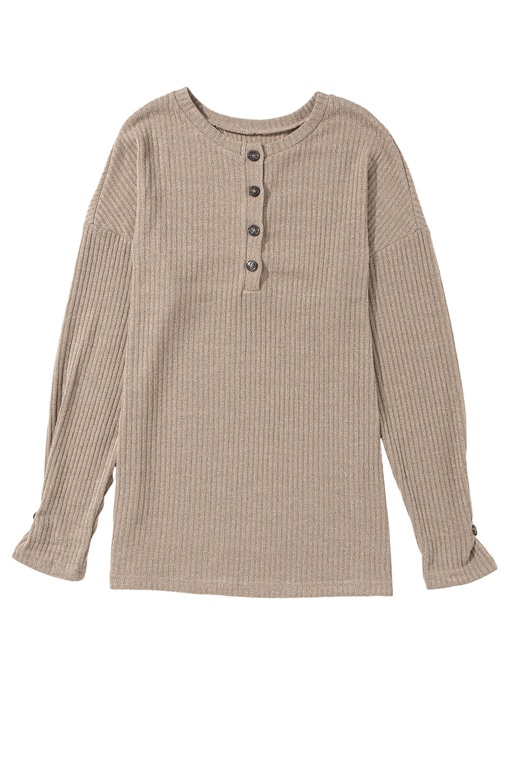 Pale Khaki Rib Textured Henley Knit Top