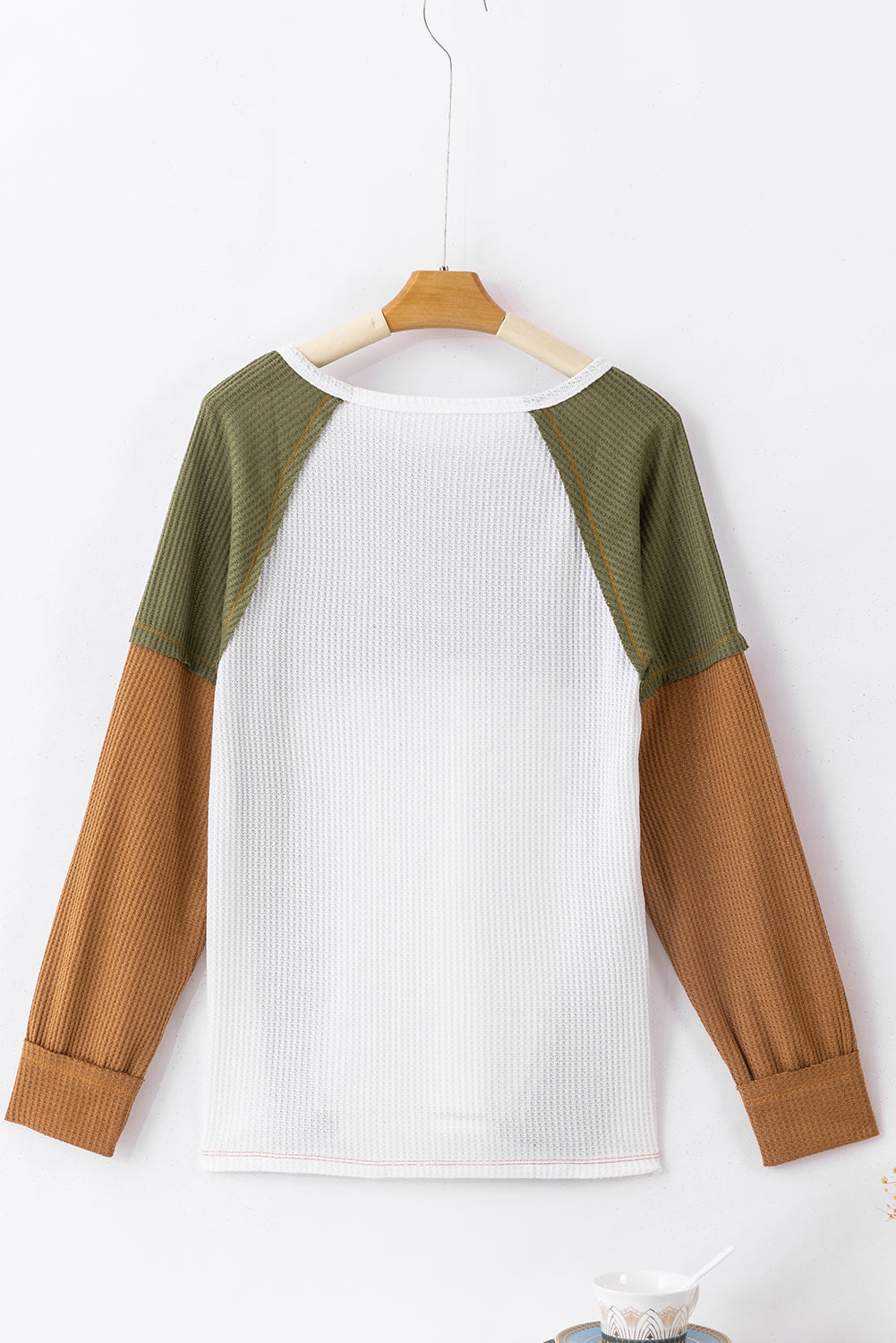 Green Color Block Exposed Seam Waffle Knit Long Sleeve Top