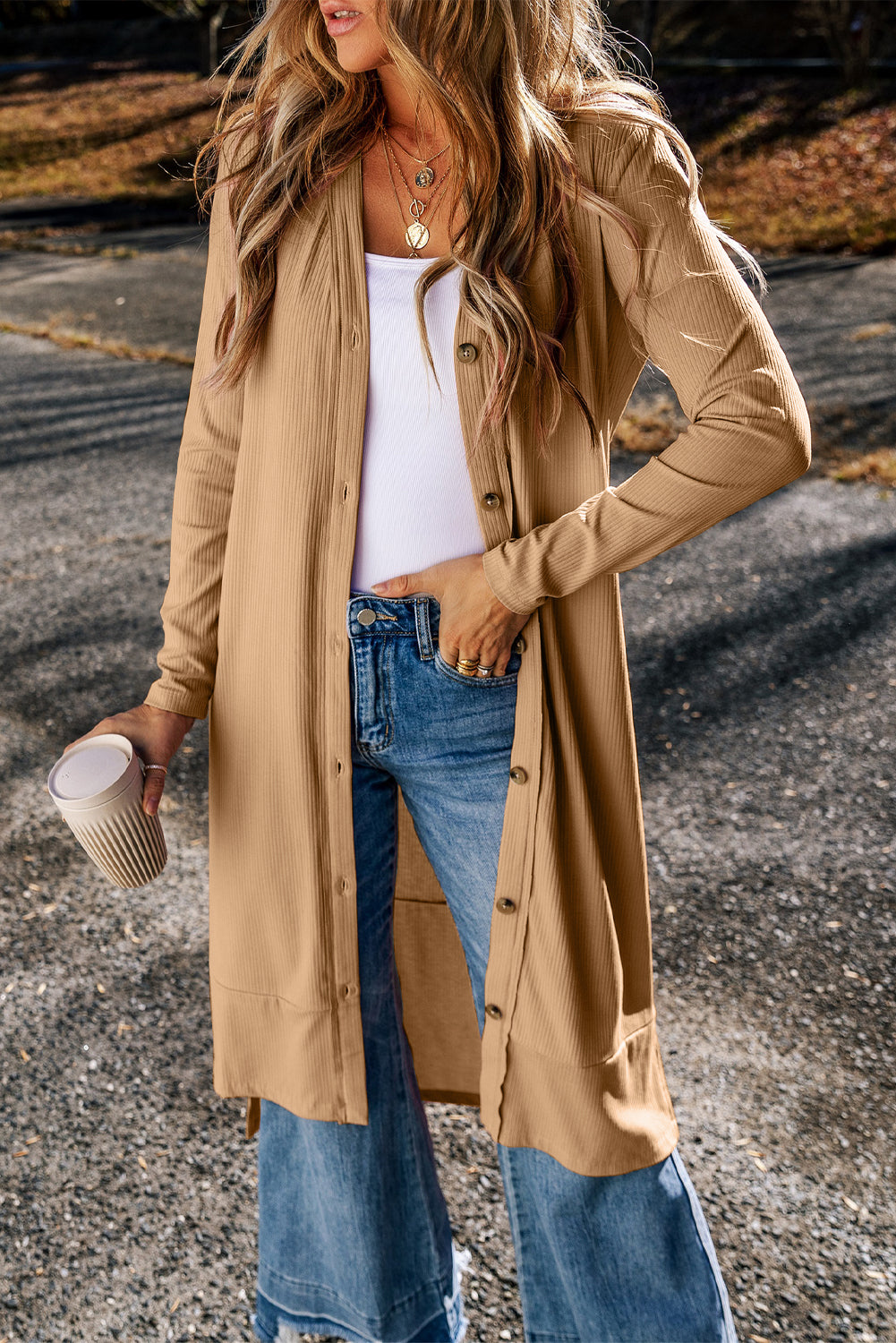 Light French Beige Ribbed Button-Up Split Duster Cardigan