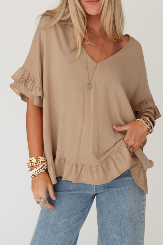 Light French Beige Loose Ruffled V Neck Blouse