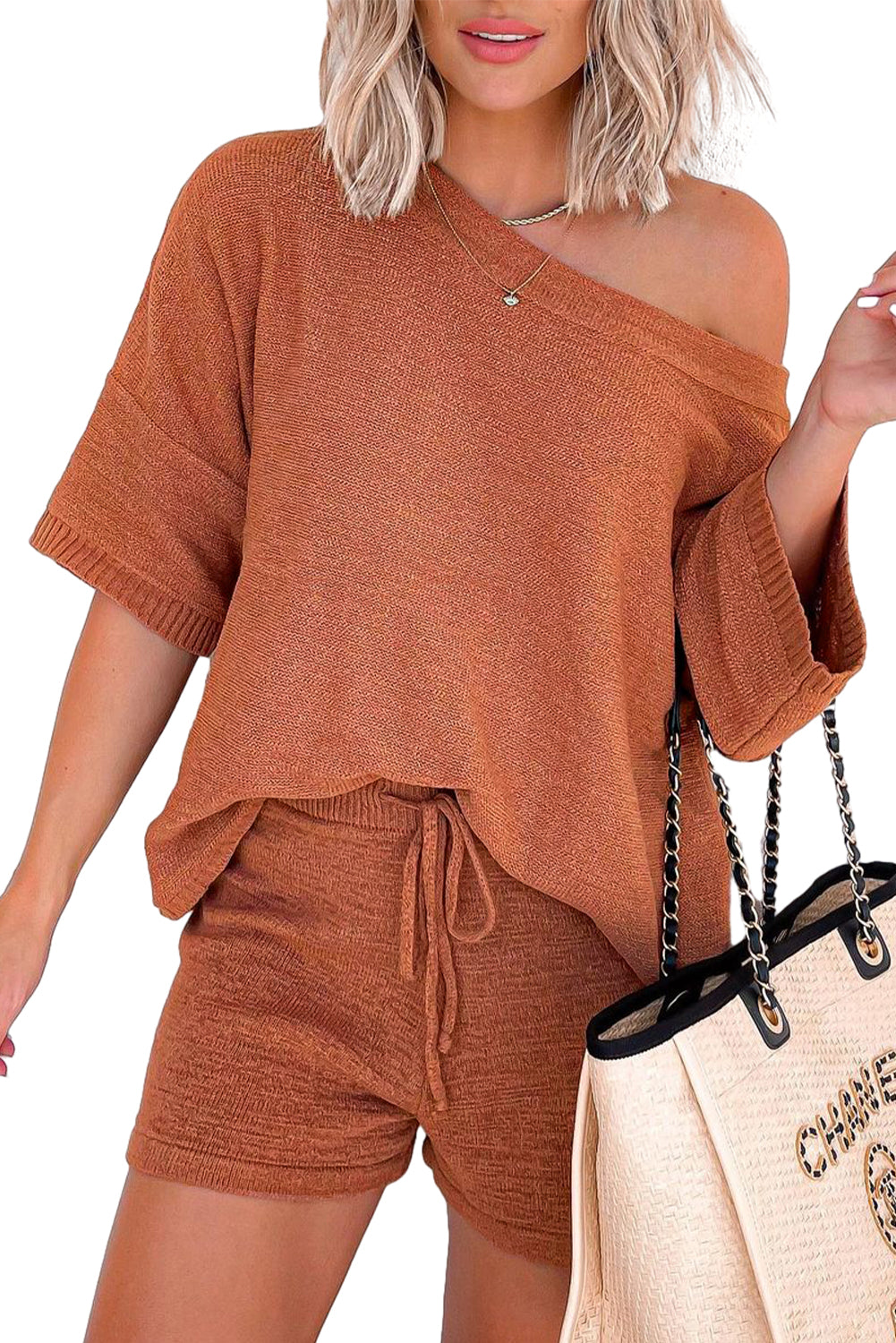 Gold Flame Loose Top and Drawstring Shorts Knit Set