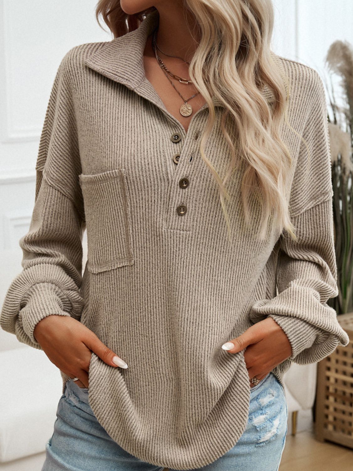 Half Button Long Sleeve Top