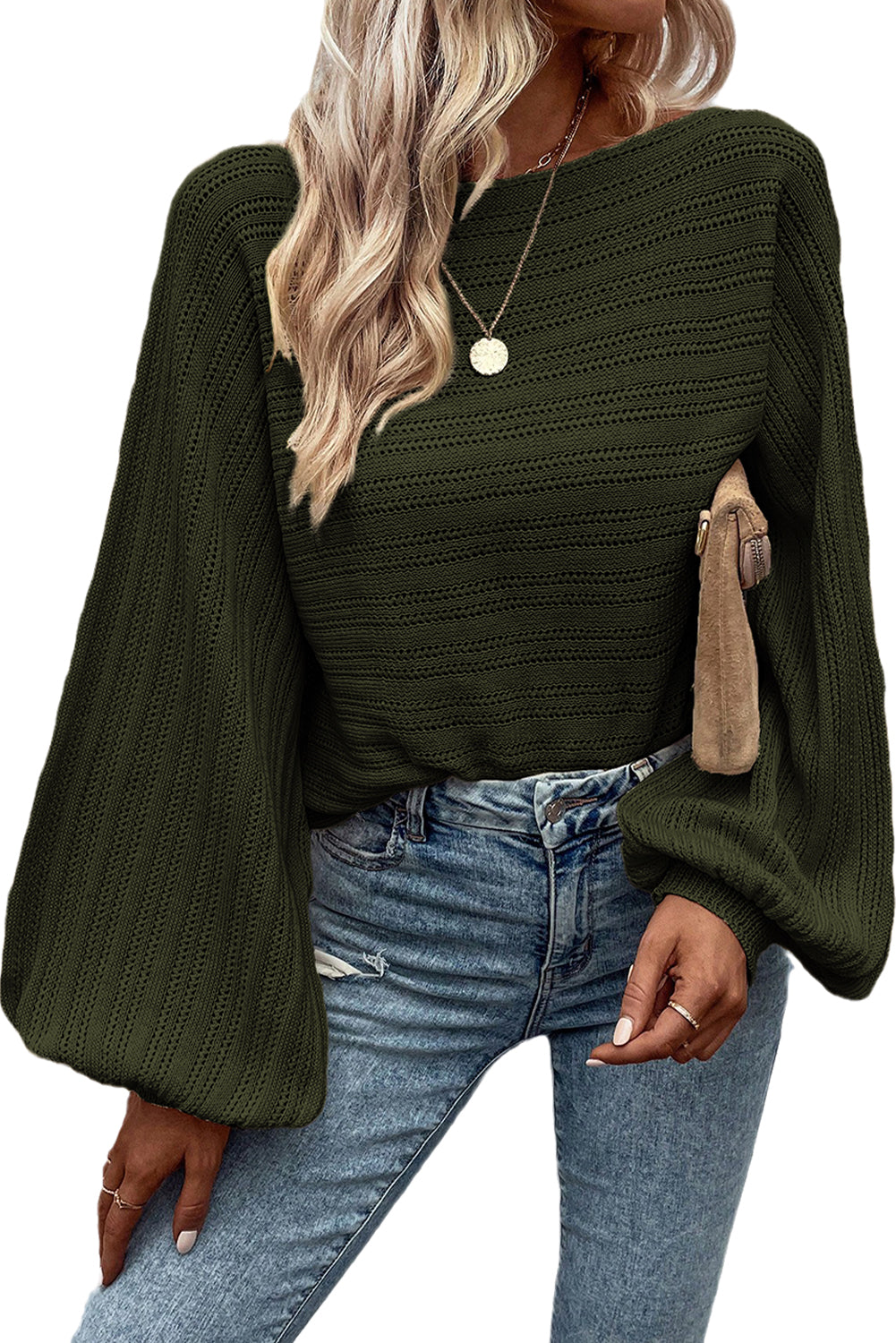 Jungle Green Lantern Sleeve Eyelets Textured Knit Sweater