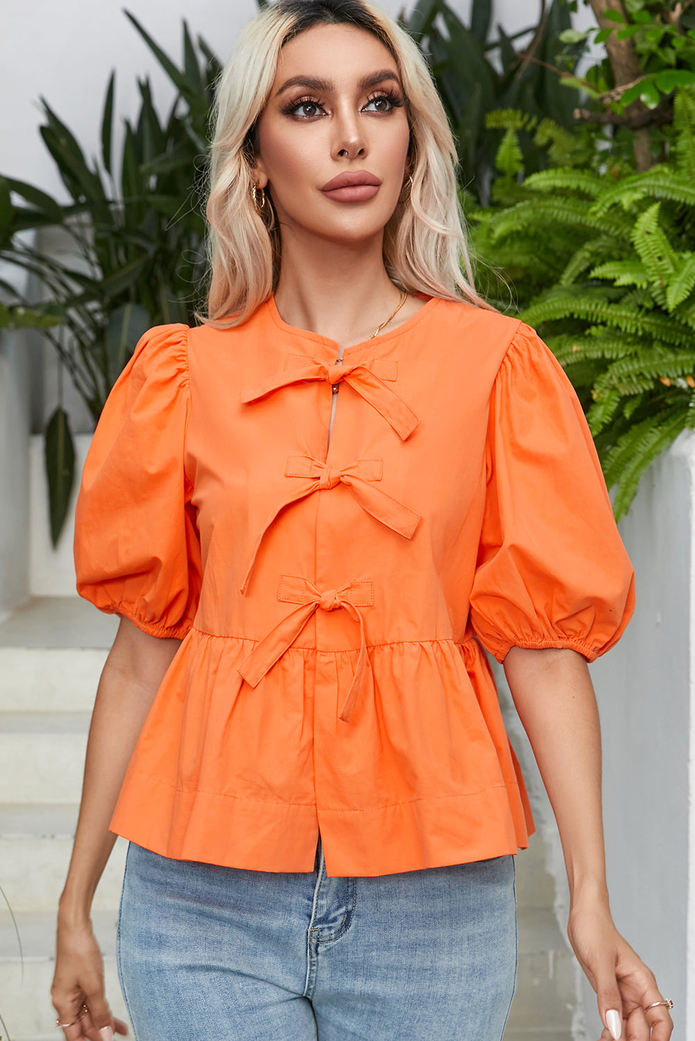 Grapefruit Orange Knotted Puff Short Sleeve Peplum Blouse