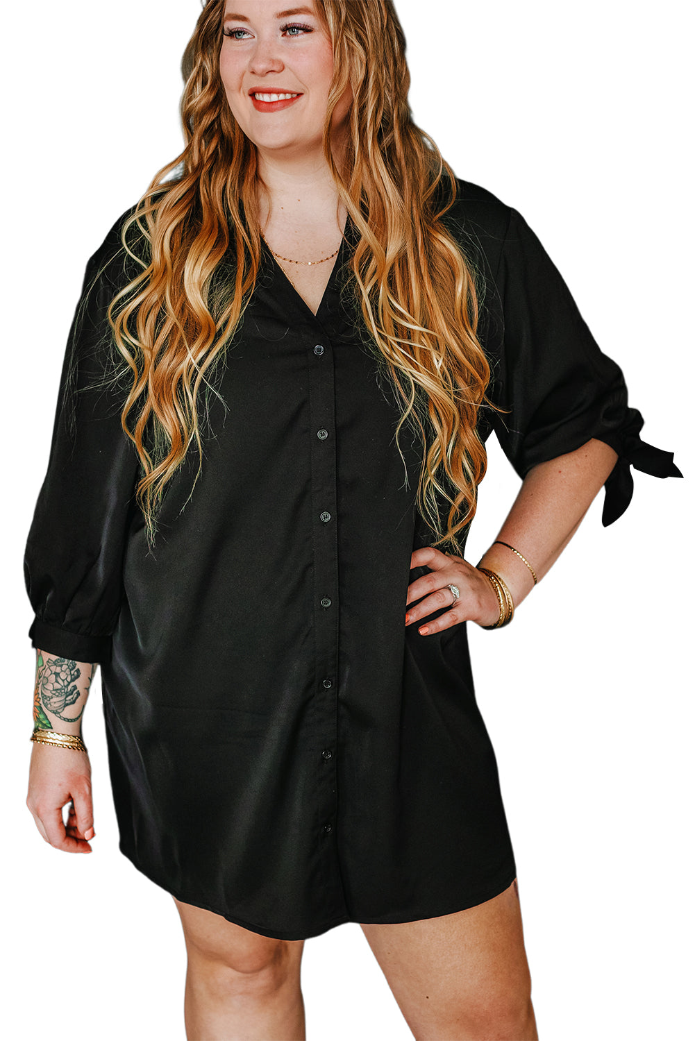 Black Plus Size Tie Cuffs V Neck Shirt Dress