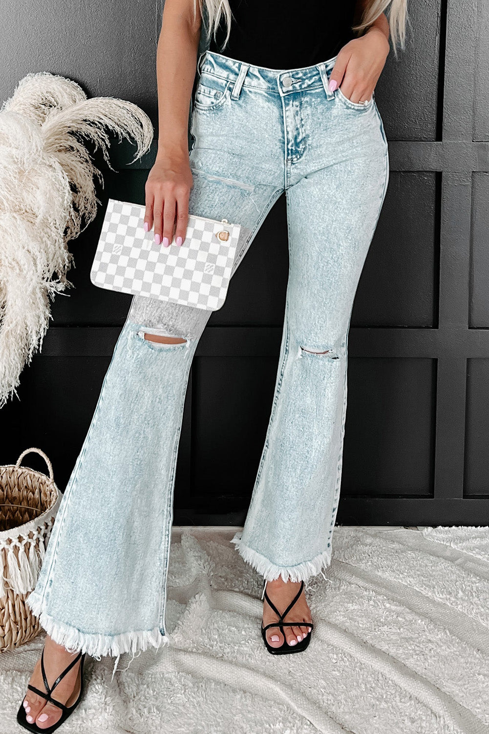 Sky Blue Distressed Acid Wash Flare Jeans