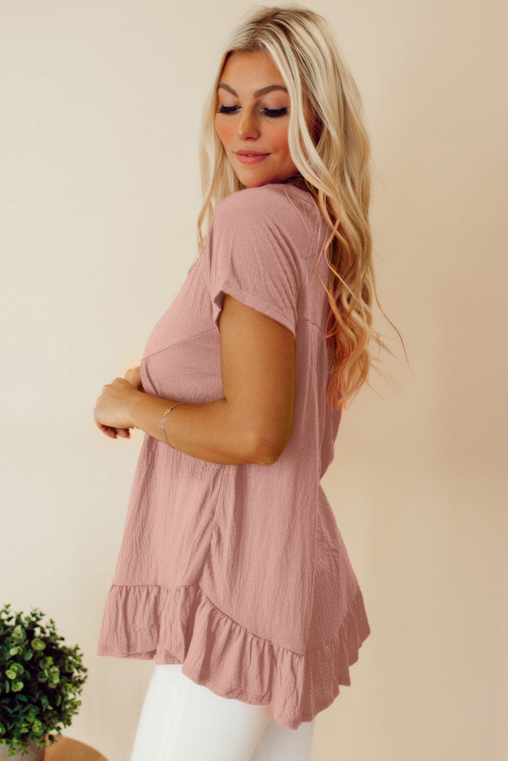 Pink Solid Short Sleeve Ruffle Hem Top