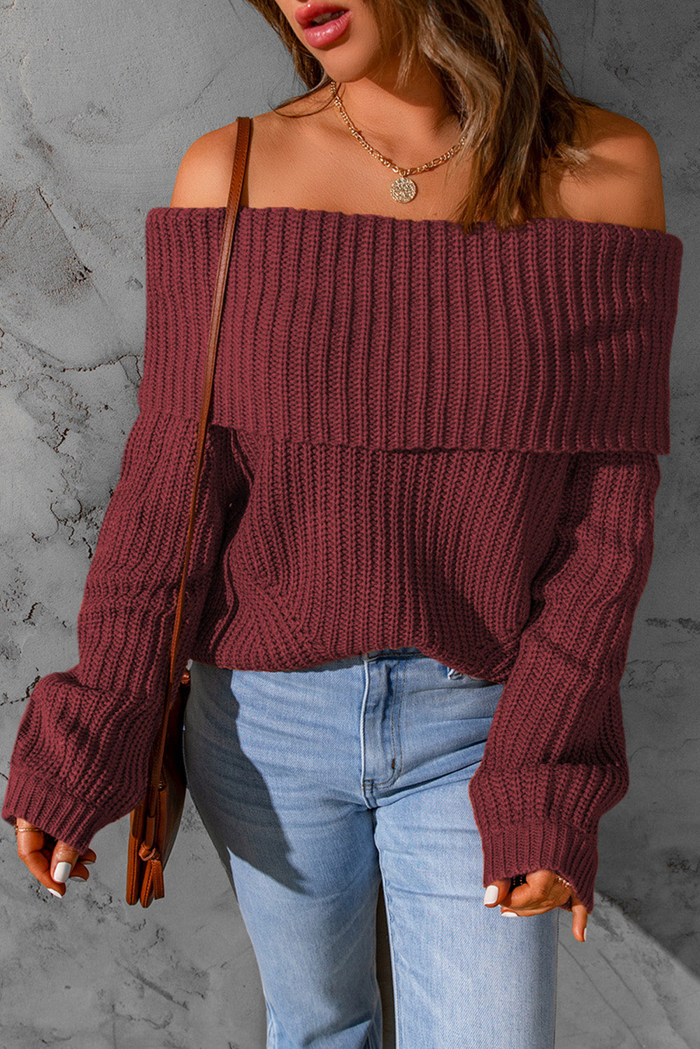 Fiery Red Ribbed Knit Foldover Off Shoulder Sweater