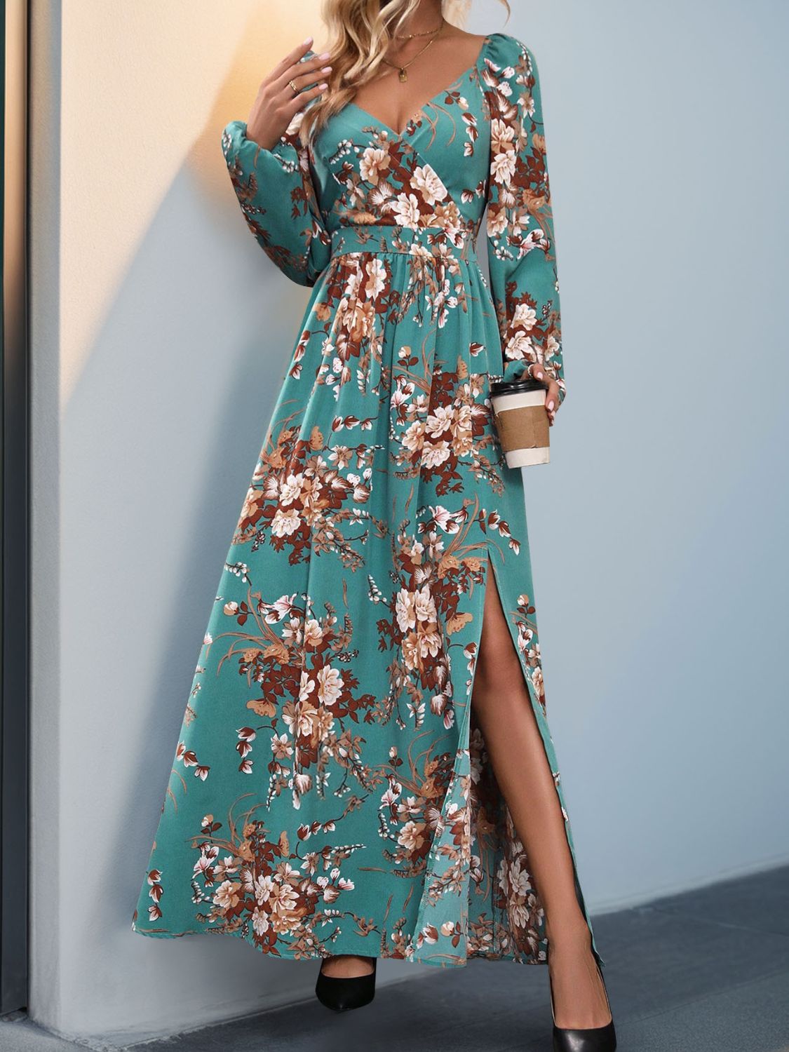 Slit Printed Surplice Long Sleeve Maxi Dress