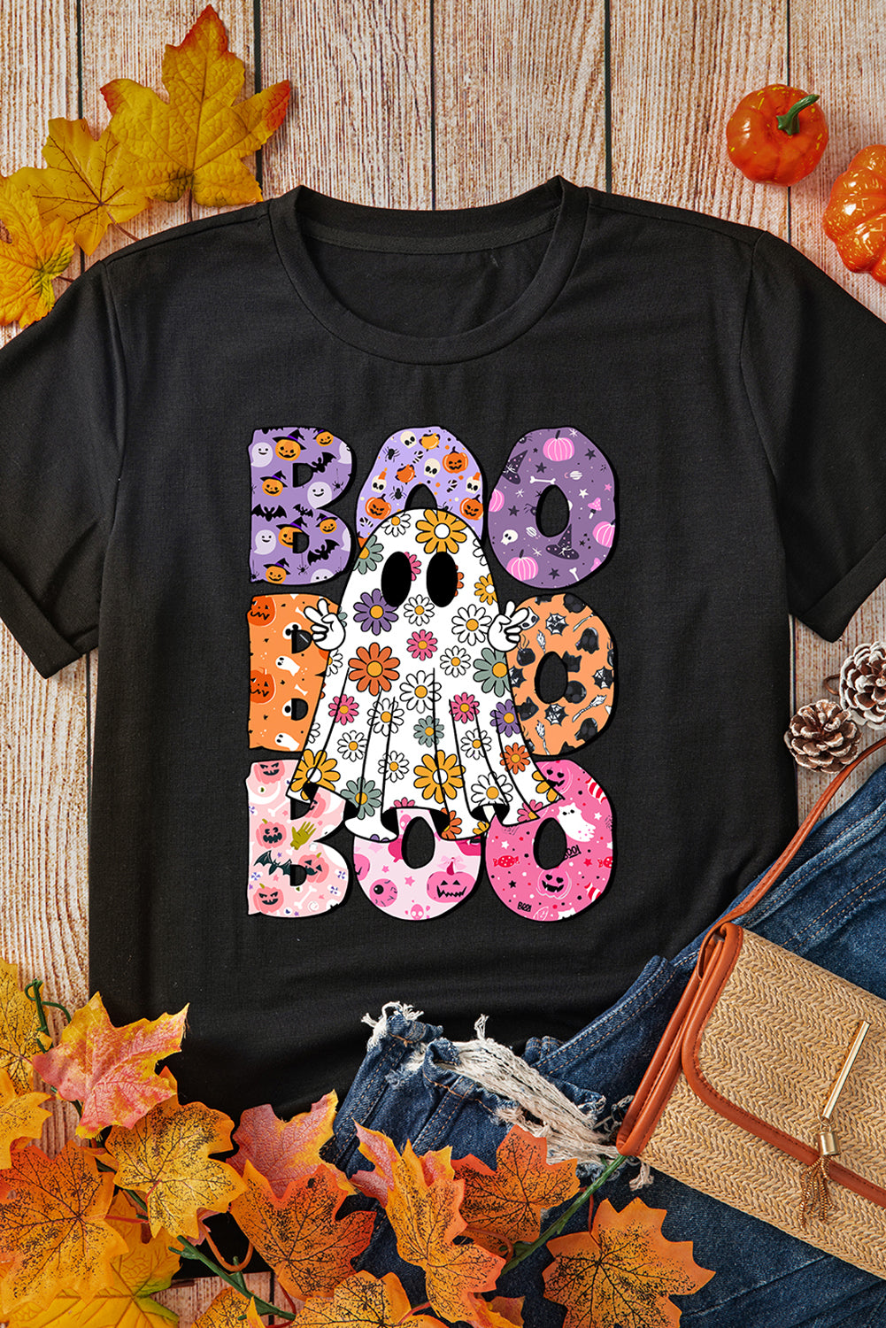 Black BOO Floral Ghost Print Crew Neck Halloween T Shirt