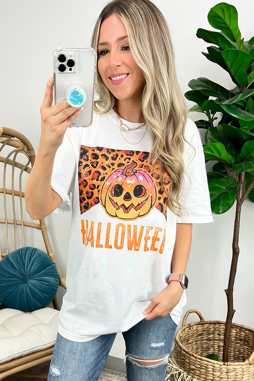 White Leopard Pumpkin Face HALLOWEEN Graphic T Shirt