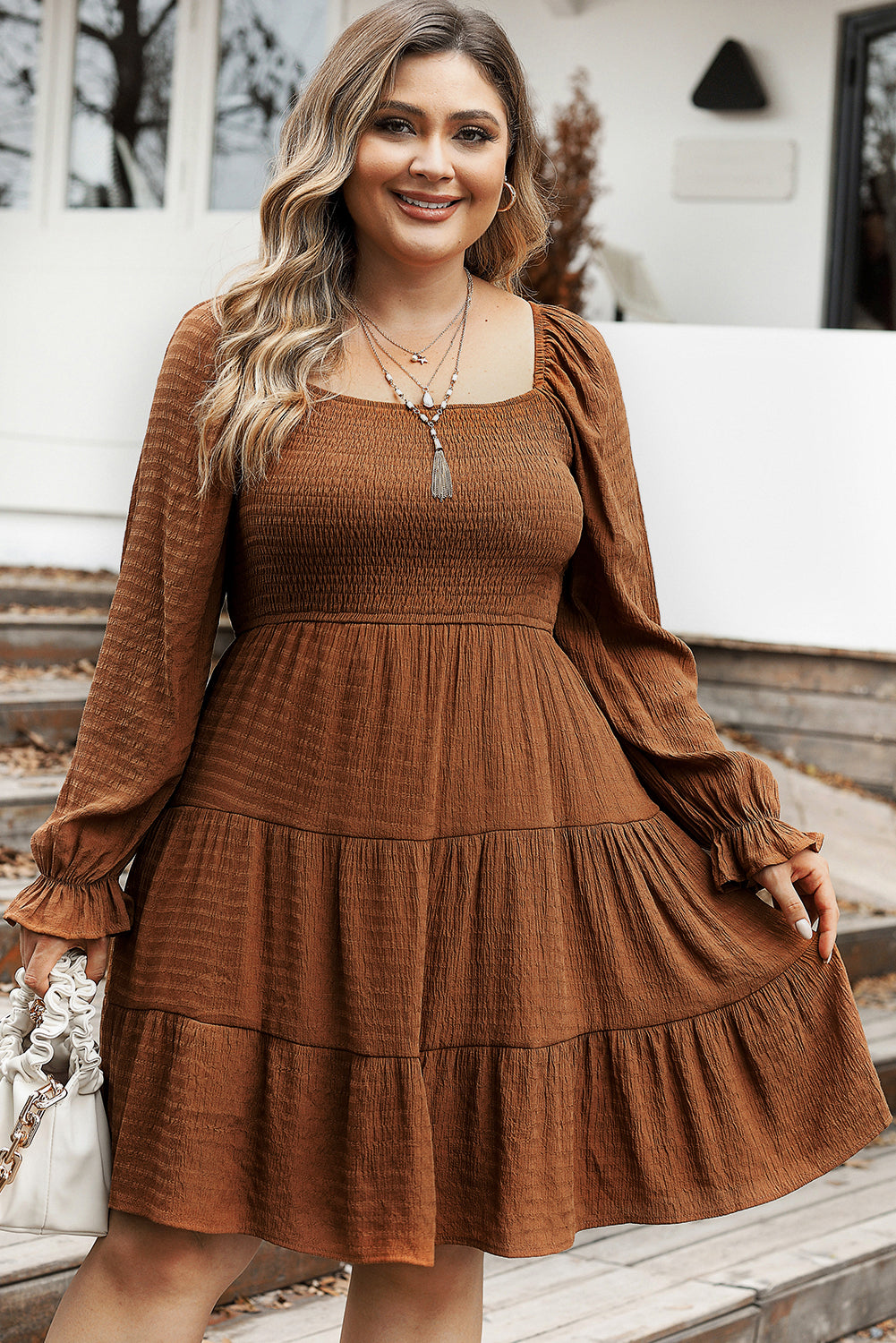 Chestnut Plus Size Smocked Ruffled Sleeve Tiered Mini Dress