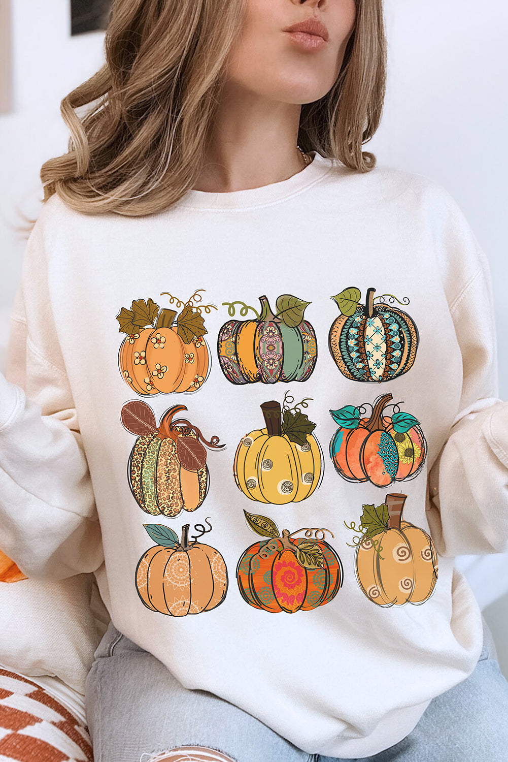 Beige Thanksgiving Pumpkin Print Drop Shoulder Sweatshirt