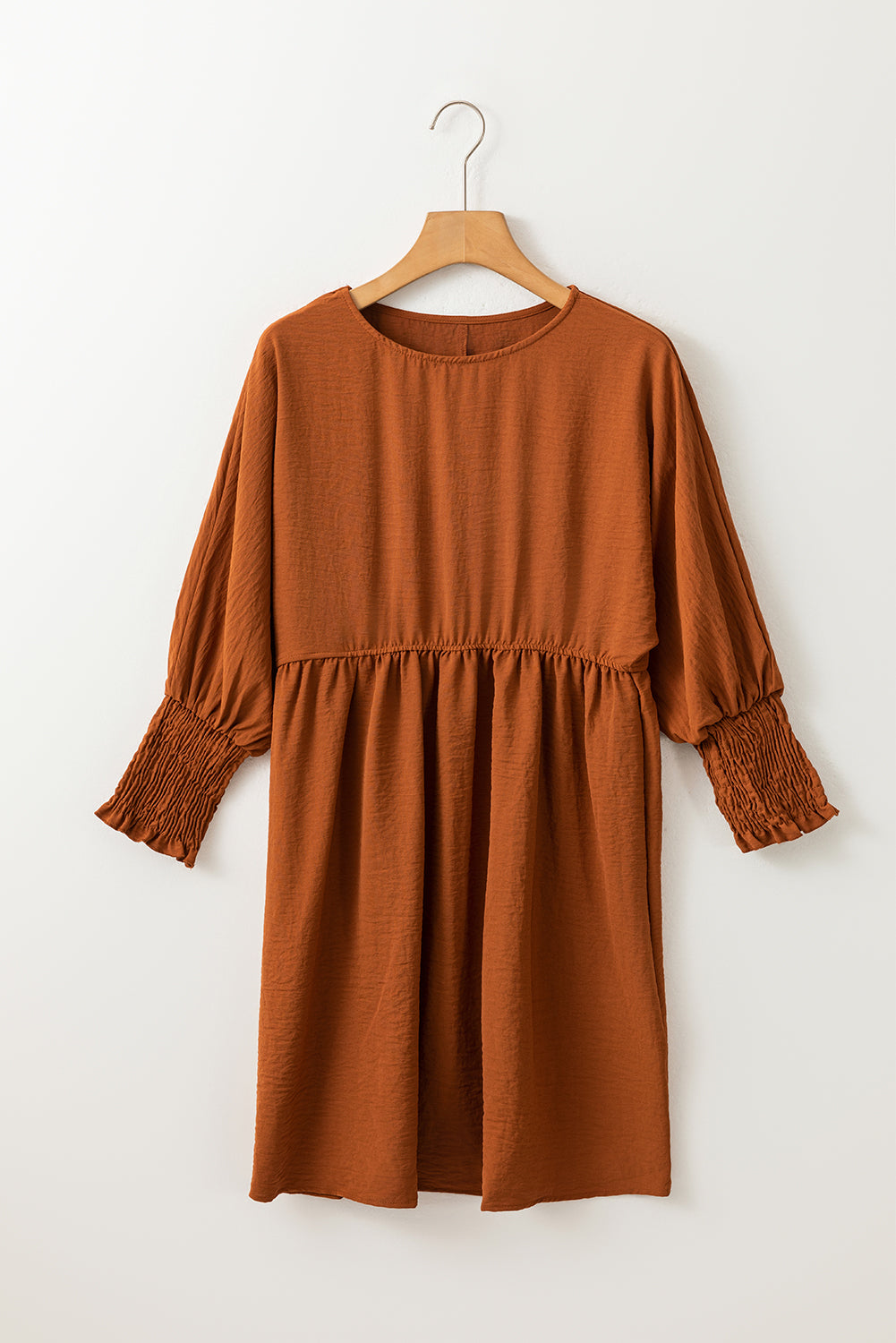 Chestnut Solid Shirred Cuffs Short Swing Dress