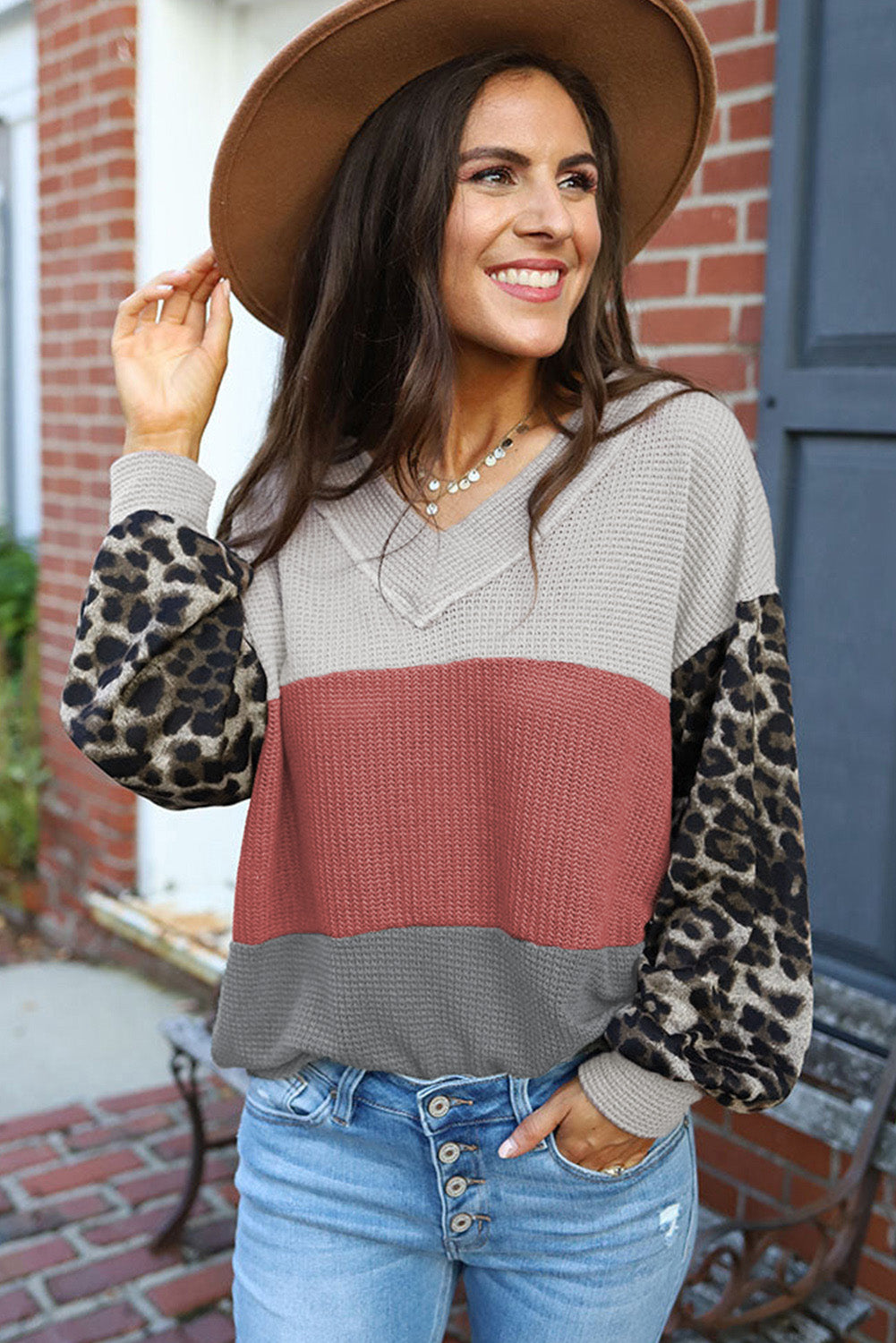 Fiery Red Wild Leopard Contrast Sleeve Colorblock Waffle Knit Top