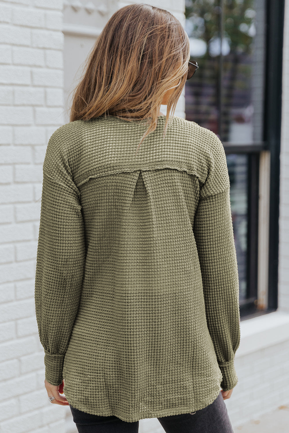 Green Waffle Knit Split Neck Pocketed Loose Top