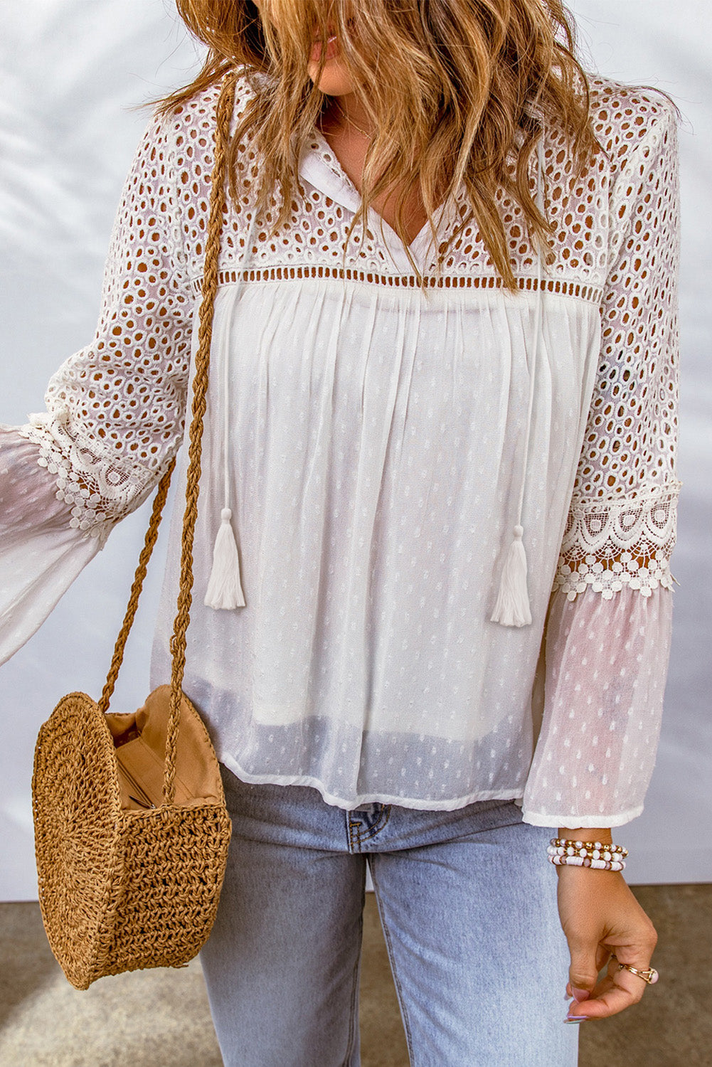 White Lace Crochet Hollow Out Swiss Dot Blouse