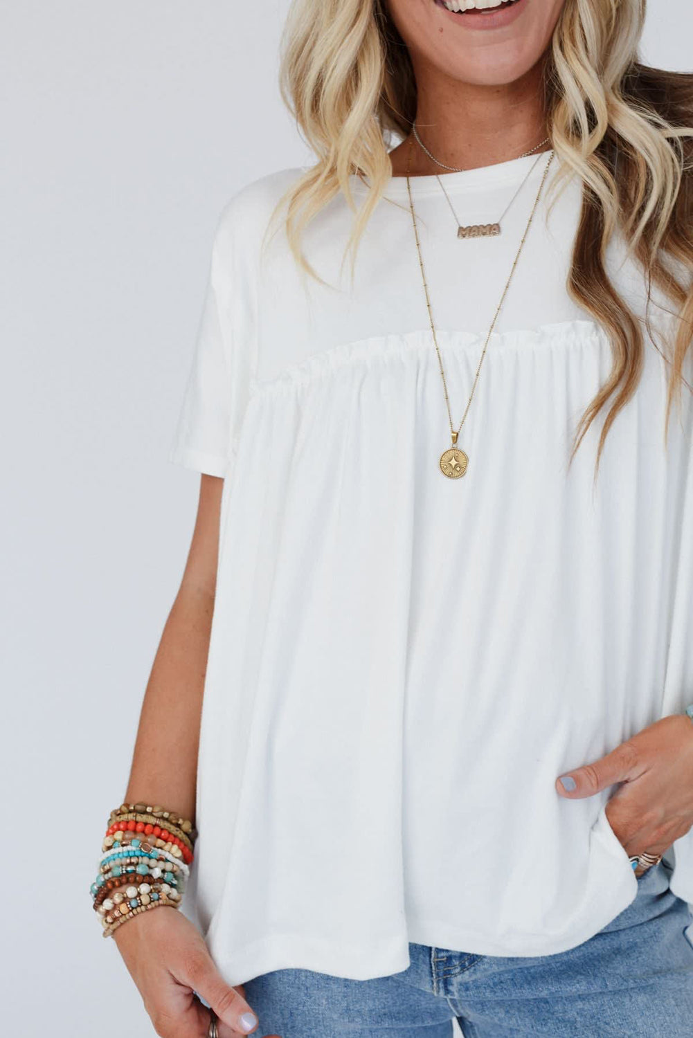 White Ruffled Trim Loose Babydoll Tee