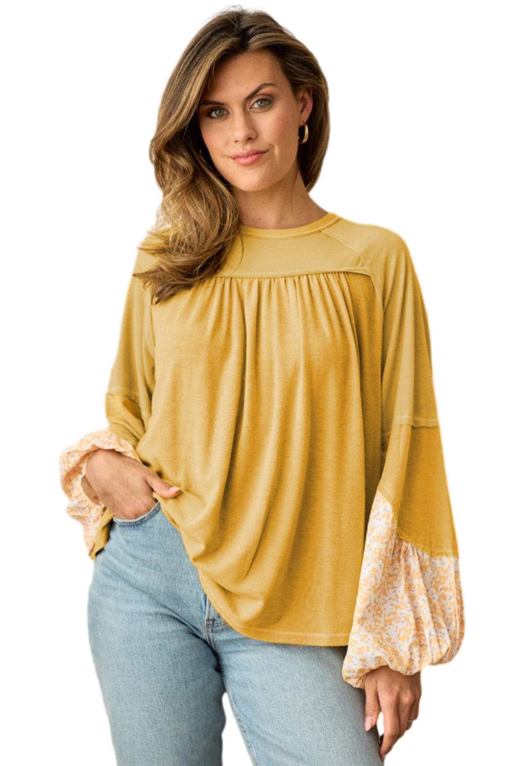 Beige Floral Colorblock Balloon Sleeve Exposed Seam Top