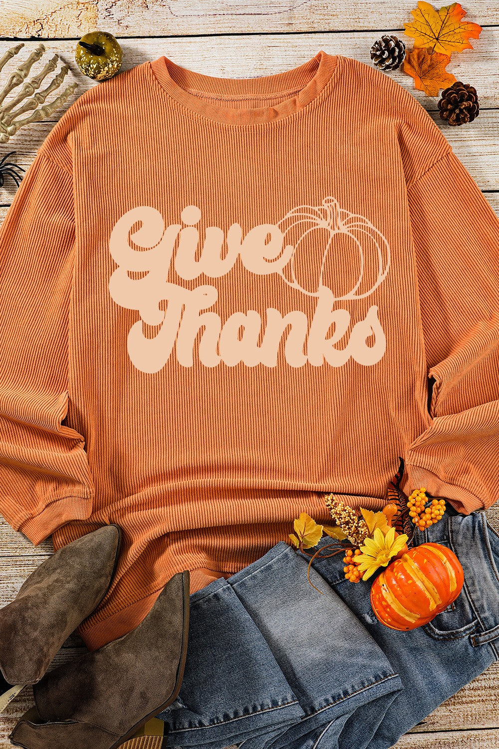 GIVE THANKS Ribbed Round Neck Sweatshirt