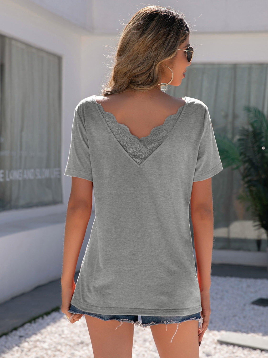 Lace Detail V-Neck Short Sleeve T-Shirt