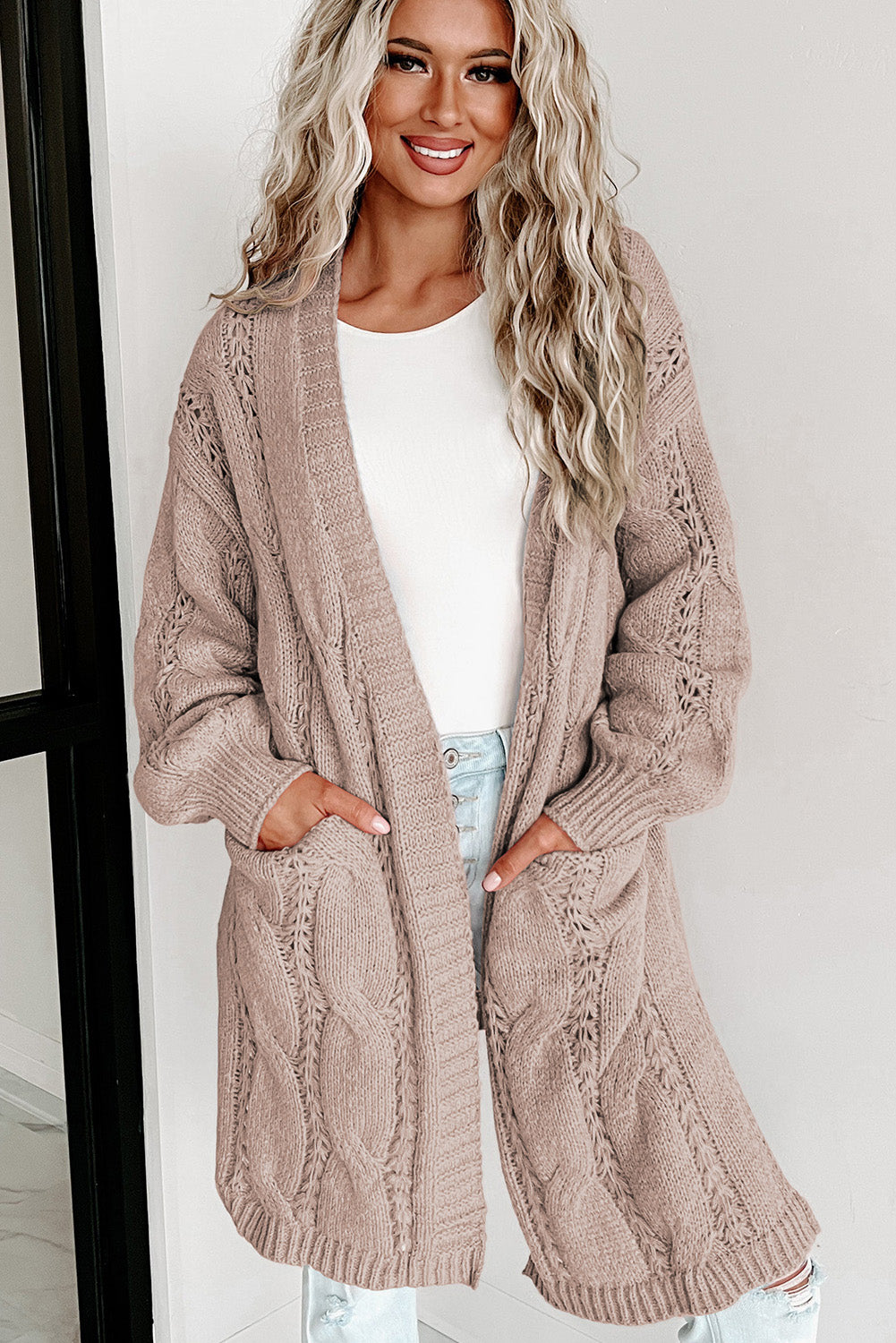 Apricot Ribbed Trim Eyelet Cable Knit Cardigan