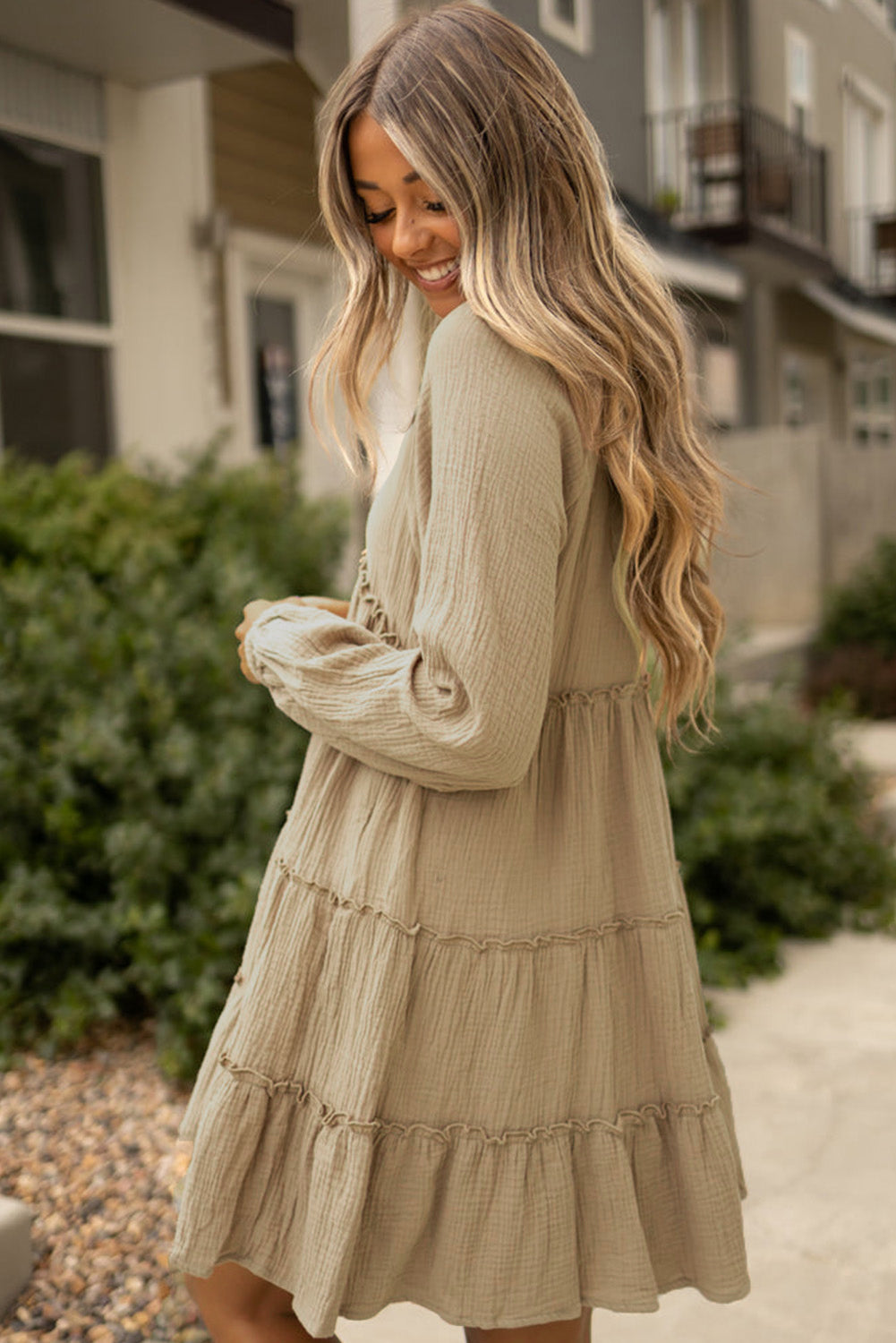 Pale Khaki Cotton Crepe V Neck Frill Tiered Mini Dress