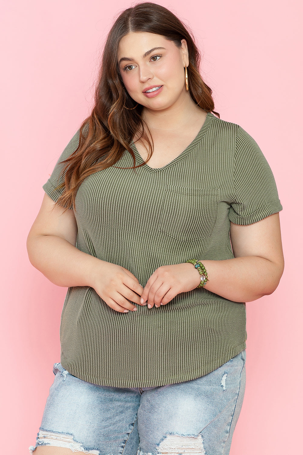 Meadow Mist Green Plus Size Corded V Neck Patch Pocket Tee