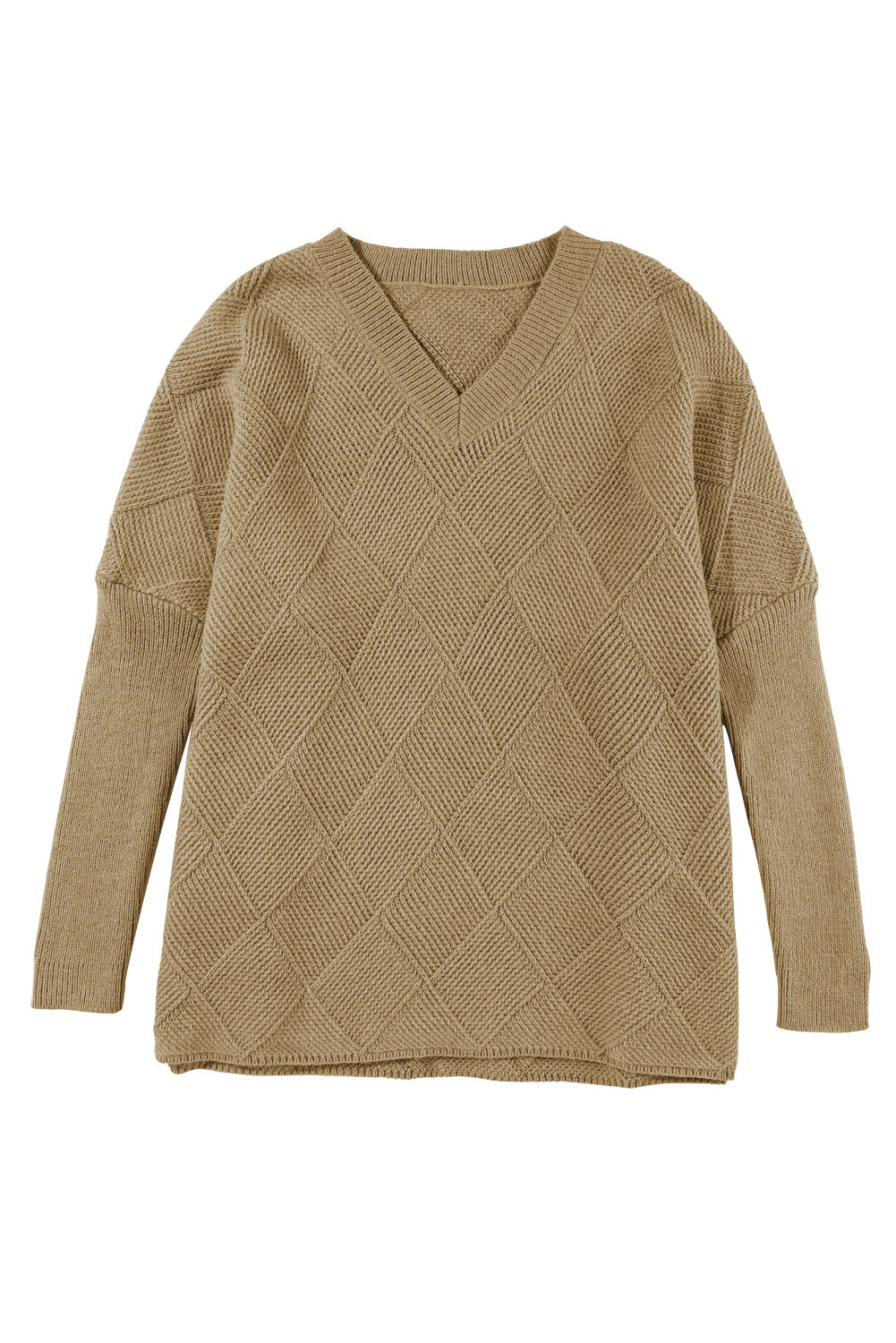 Camel Checkered Textured Batwing Sleeve Sweater