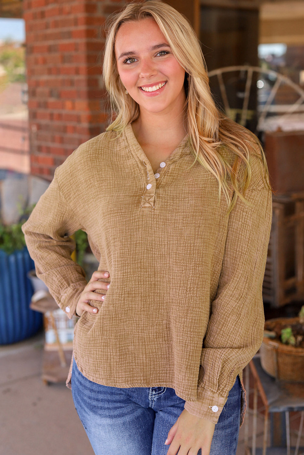 Brown Crinkle Textured Loose Henley Top