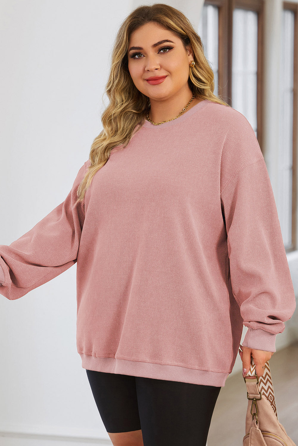 Pink Plus Size Corded Round Neck Sweatshirt