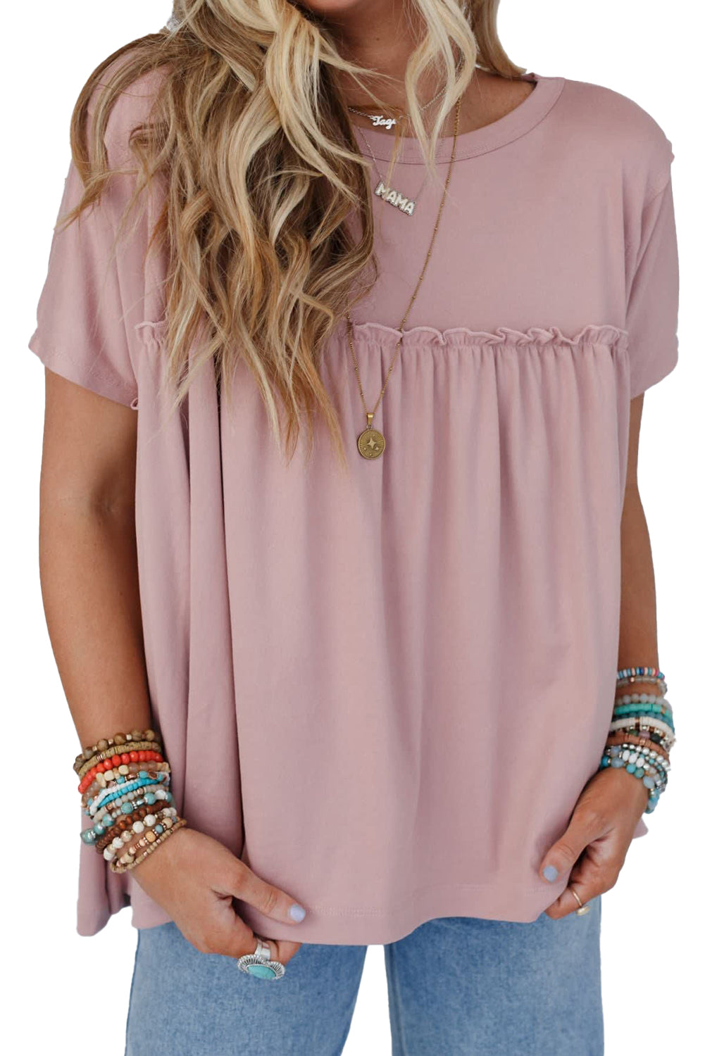 Light Pink Ruffled Trim Loose Babydoll Tee