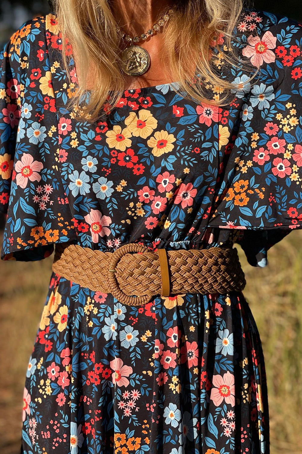 Sky Blue Floral Knotted Back Square Neck Maxi Dress