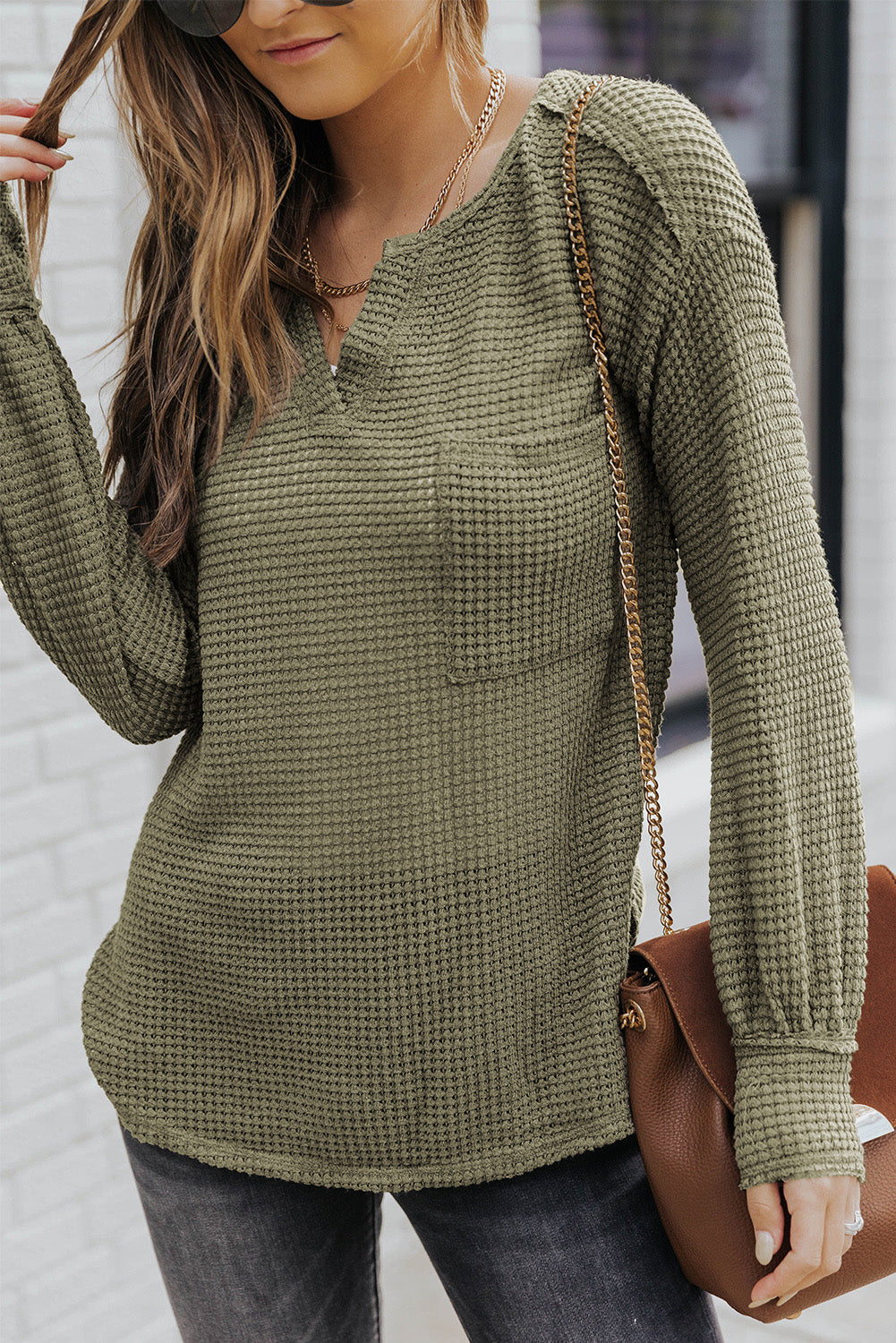 Green Waffle Knit Split Neck Pocketed Loose Top