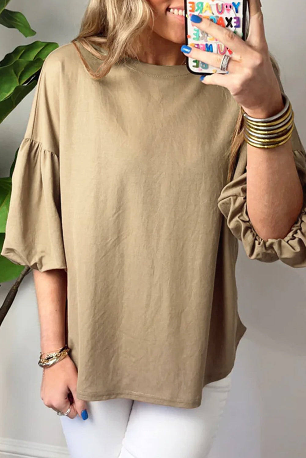 Light French Beige Solid Color Lantern Sleeve Drop Shoulder Blouse