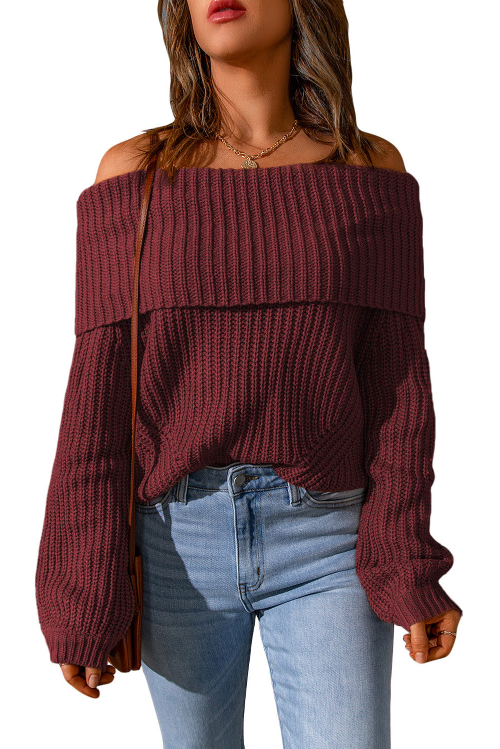 Fiery Red Ribbed Knit Foldover Off Shoulder Sweater