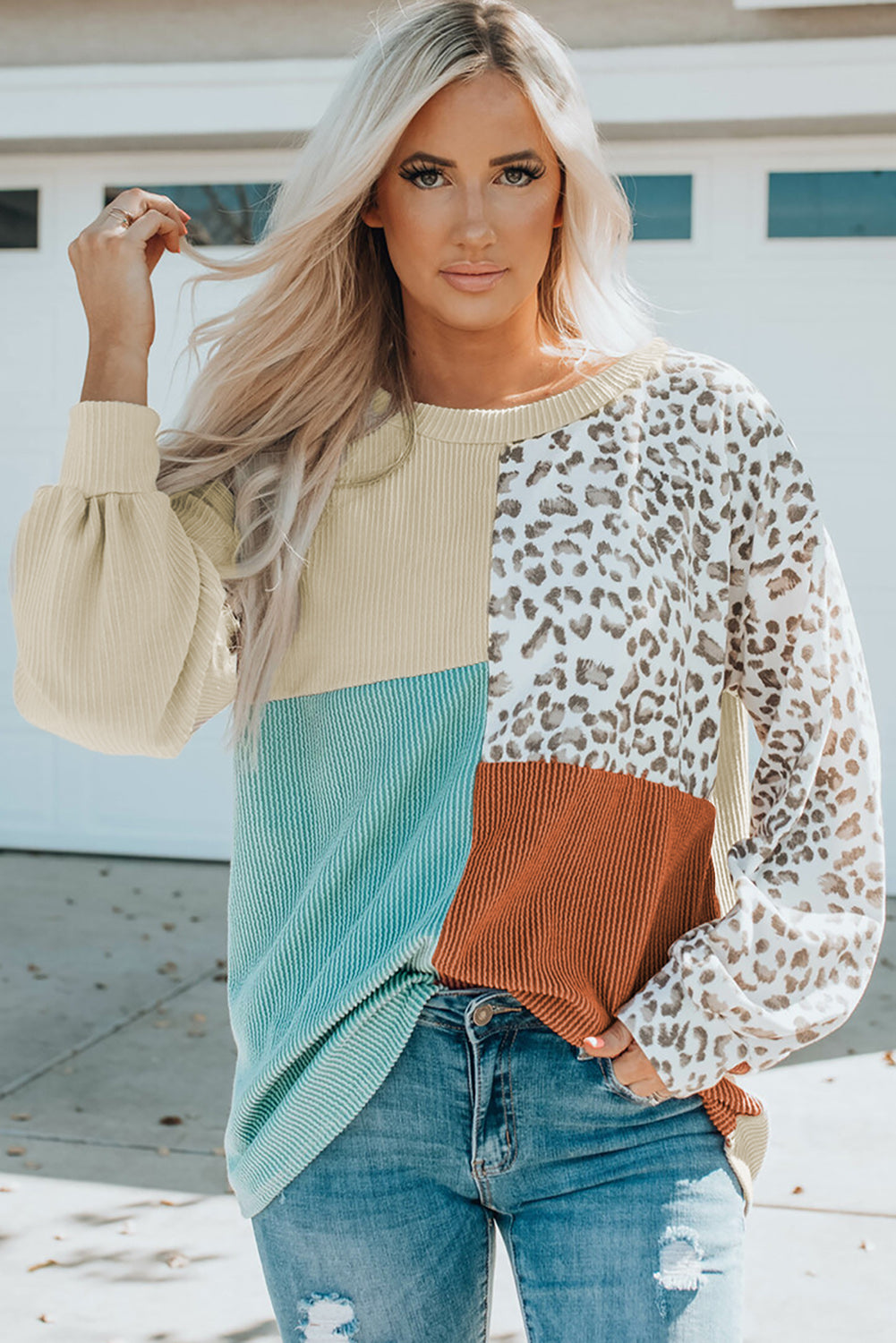 Leopard Patchwork Color Block Ribbed Long Sleeve Top