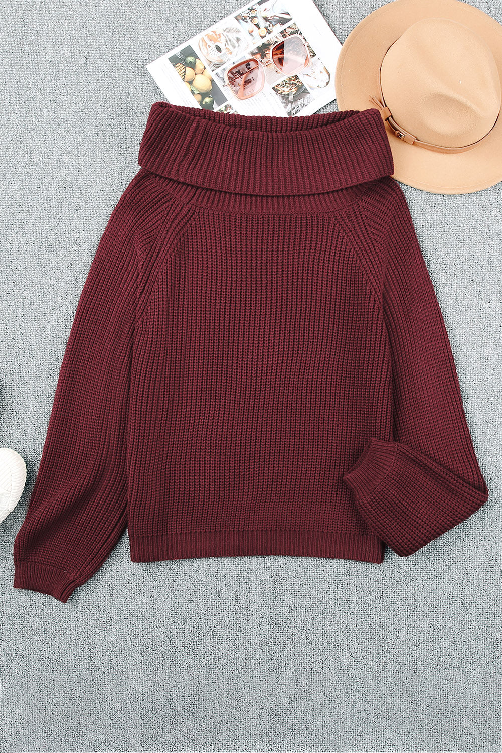 Fiery Red Ribbed Knit Foldover Off Shoulder Sweater