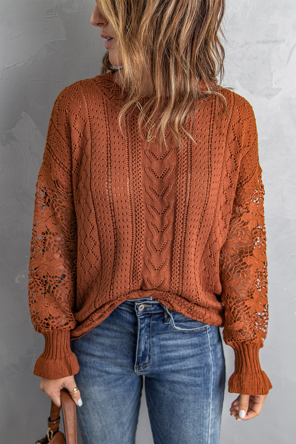 Brown Crochet Lace Pointelle Knit Sweater