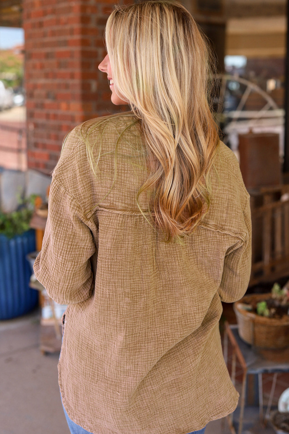 Brown Crinkle Textured Loose Henley Top